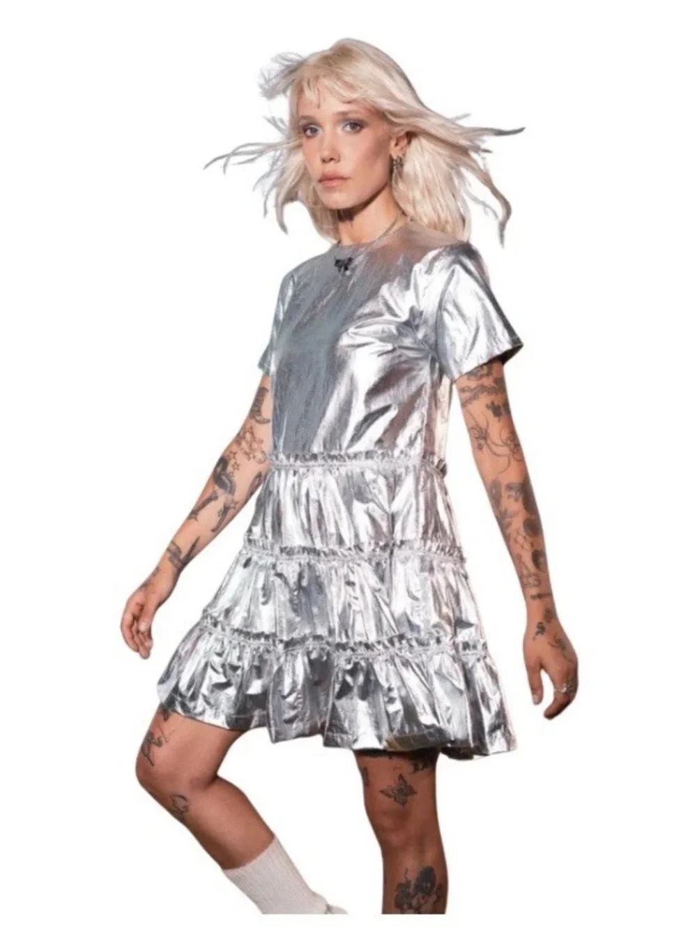 Teddy Fresh Metallic Silver Tiered Mini Dress Halloween Costume Party Size Small